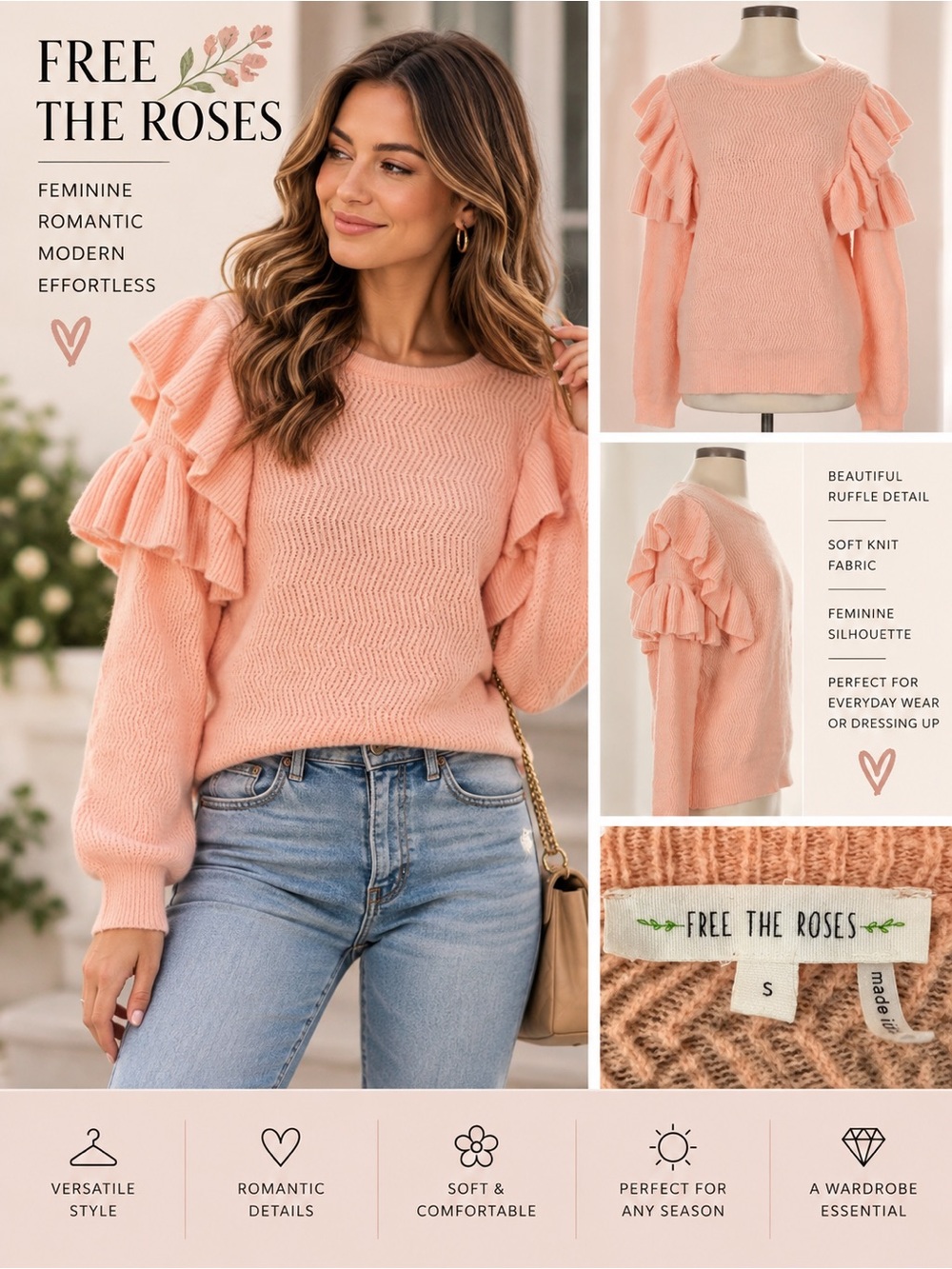 Free The Roses Pink Ruffle Sleeve Knit Sweater Women’s Small